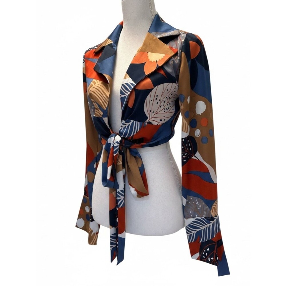 En Saison Abstract Floral Satin Tie Front Crop Top Blouse Blue Orange XS NWOT
